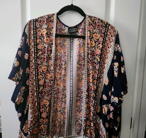 Cárdigan Angie Para Mujer Kimono Estampado Mixto Boho Abierto Manga Corta Azul Rayón Talla L - Imagen 3 de 7