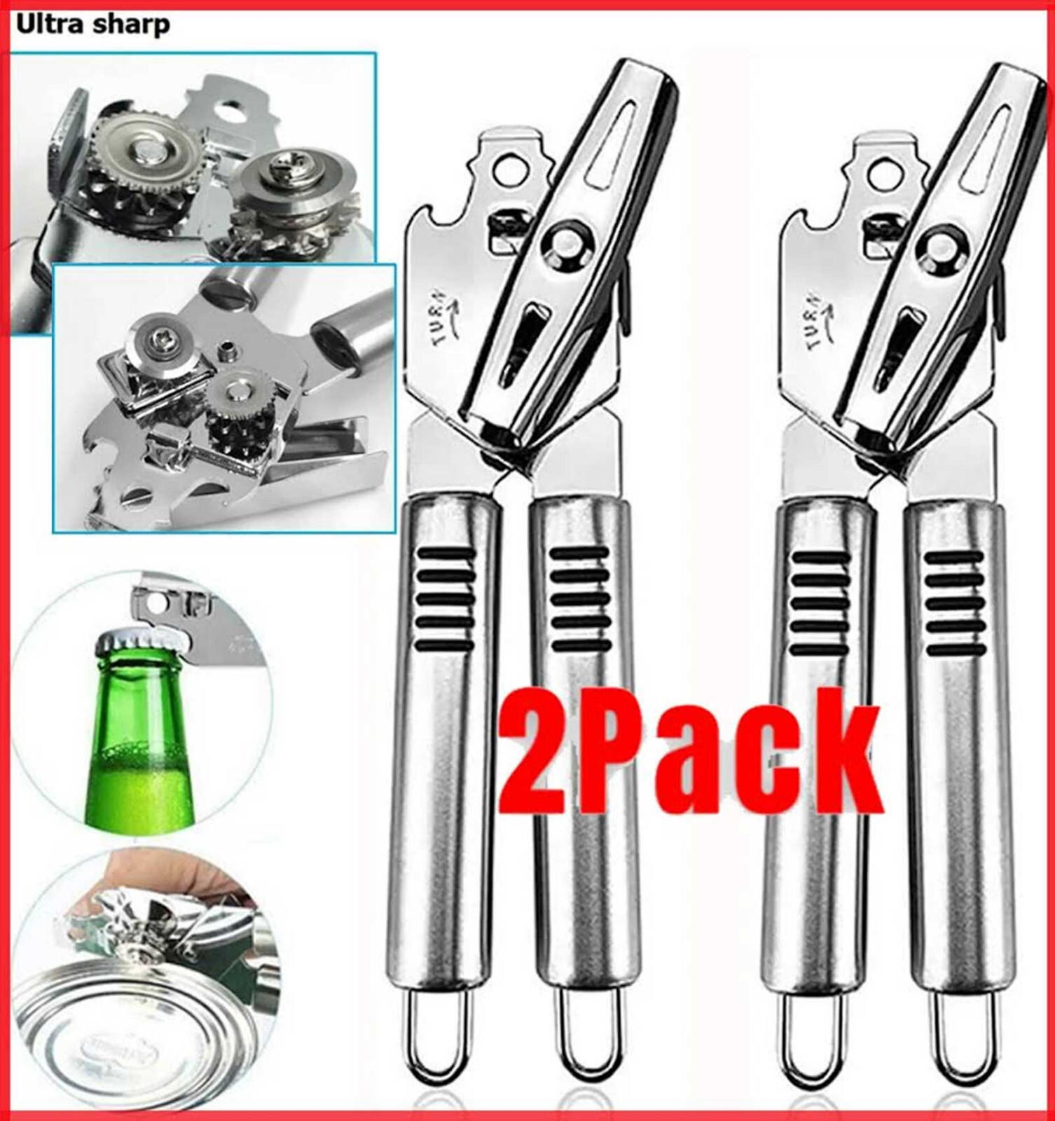 2X CAN OPENER Bottle Stainless Steel Heavy Duty Blades Strong Professional Chef