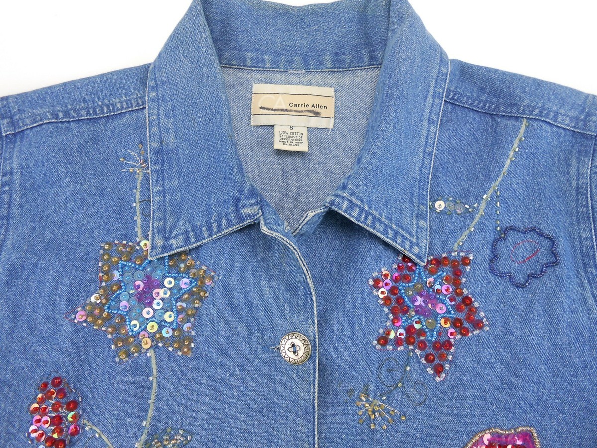 Carrie Allen Embellished Long Sleeve Denim Jacket Sequin Sz Small