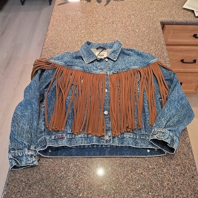 Wrangler X Fender Blue Acid Denim Jacket Leather Fringe Wmns S All Cotton NWOT