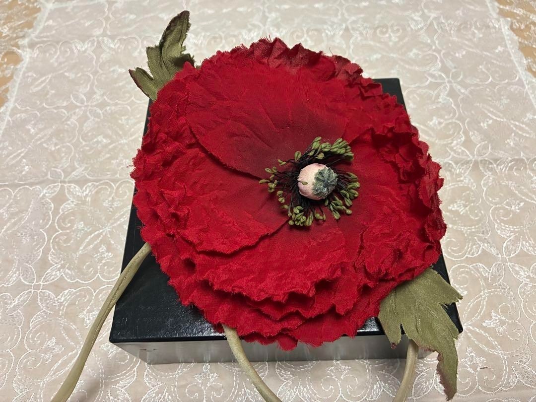 Dolce Gabbana Red Poppy Brooch Green Leaf Fabric Corsage Elegant