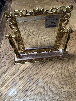 Vintage Enamel Floral Swivel Square Vanity Mirror: Pink & Green Rhinestone (A38)