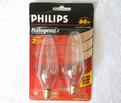 2 PACK PHILIPS STYLIZED FLAME CLEAR CANDELABRA 900 LUMENS 60 WATT BULBS