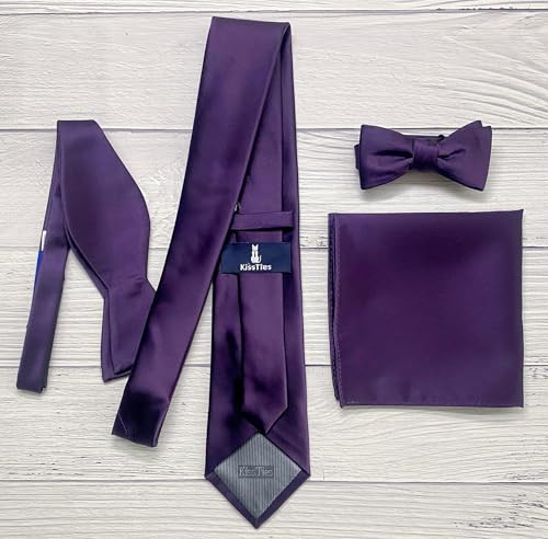 Satin Tie Set Solid Ties Mens Necktie + Pocket Square Plum Purple image 6