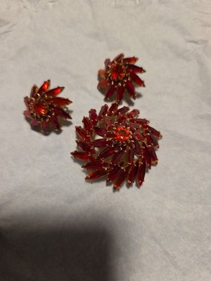 Vintage High Domed Emmons Red Rhinestone Brooch/earrings Set
