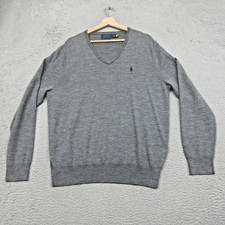 Polo Ralph Lauren Merino Wool Sweater Mens Large Gray V Neck Preppy Quiet Luxury