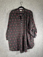 Avenue Blouse Women 22/24 Long Sleeve Black Roll Tab Cherry V Neck Office Casual