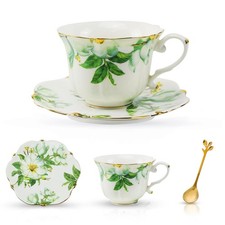 TATSUMI Country Roses Bone China Tea Cup and Saucer Set, 3 1 set, Green 