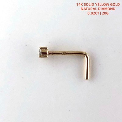 14K Yellow Gold Nose Stud L-Shaped 20G 0.02ct Natural Diamond Brilliant Cut