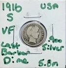 1916-S Barber Dime 90% Silver - Last Barber Dime - Better Date 5.8m - NICE!