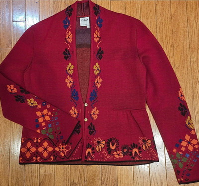 IVKO Sample Cardigan Magenta Embroidered Wool Balkan Folk Art Floral Knit Small