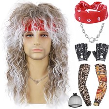 7pcs Set 80s Long Curly Wig Mens Mullet Rocker Costume Wig 70s 80s 90s Outfits P
