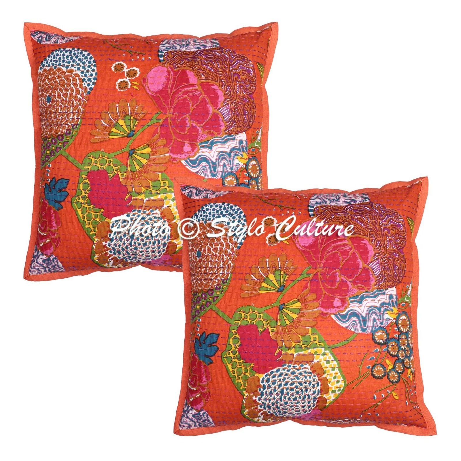 Indian Cotton Throw Pillow Covers Kantha Orange Tropicana 45x45 cm Cushion Cover