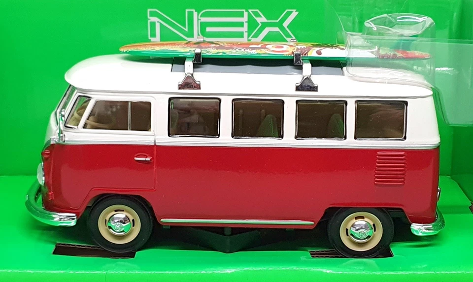 Welly Nex 1/24 Scale W1962R - 1962 VW Classical Bus + Surfboard - White/Dk. Red - Image 3 of 4
