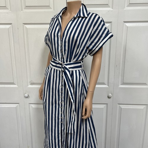Zara Linin Blend Navy Striped Sailboat Dress Maxi Size L New - Picture 2 of 21