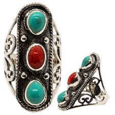 Turquoise Coral Natural Organic Gem Ring 925 silver Size O-R Ladies