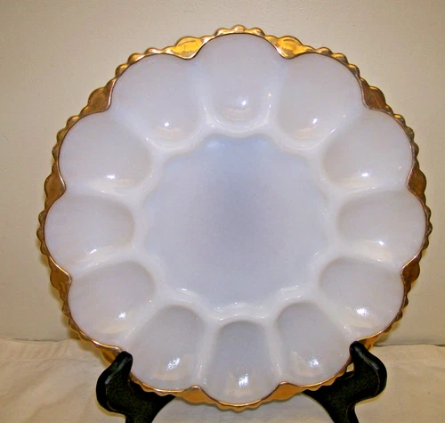 Anchor Hocking Fire-King Milk Glass Deviled Egg 10" Plate w/Gold Trim