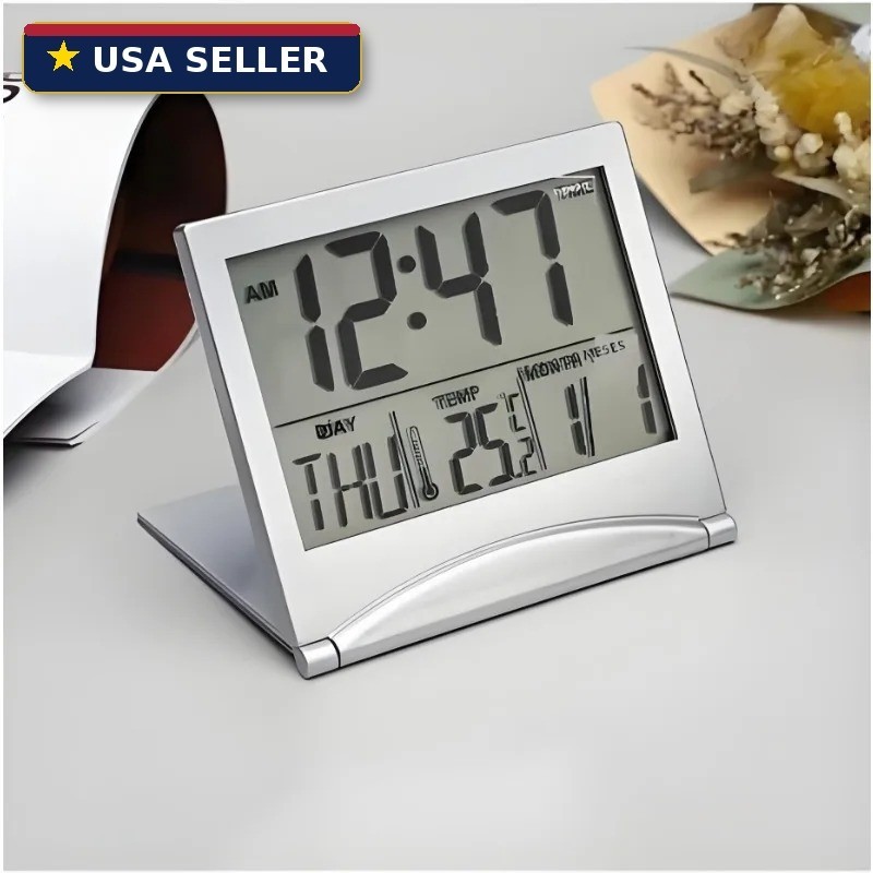 Digital Travel Alarm Clock Foldable LCD Temperature Display Battery Powered Desk