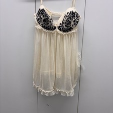 Victoria s Secret Vintage Style Lace Babydoll Chemise Cream Black Lingerie 36B