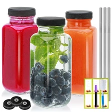 3 Botellas De Vidrio Para Jugos Verdes 8 Oz Con Tapa y Pajitas Acero Inoxidable