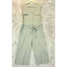 The Shanty Flax Linen Sage Green Jumpsuit Romer Tie Waist Utility  L Large 