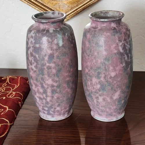 2 Burley Winter Pottery 7.5" Vases Mottled Glaze Arts &Crafts Ohio 107 Roseville