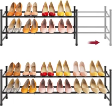 Expandable Shoe Rack 2 Tier Adjustable Stackable Metal Black