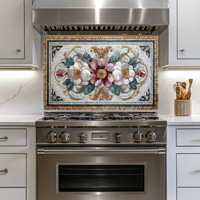 Pearl Flowers Mosaic Style Tempered Glass Kitchen Backsplash For Stove Behind