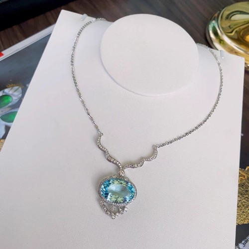 New Luxury Big Oval Blue Topaz Gemstone Fashion Women Silver Necklace Pendant - Picture 3 of 7