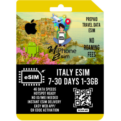Italy Travel eSIM Prepaid 1-3GB  7-30 days 4G LTE Network  QR Activation