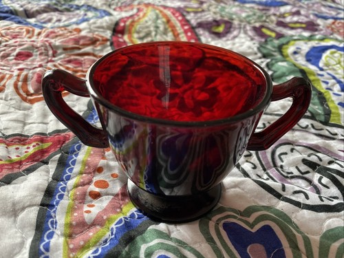 Vintage Royal Dark Ruby Red Depression Glass 3” h x 5” w Sugar Bowl Two Handles - Picture 3 of 12