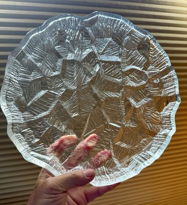 Hoya Crystal Glass Fire Ice Shallow Bowl Bark Texture 1970s Japan Vintage