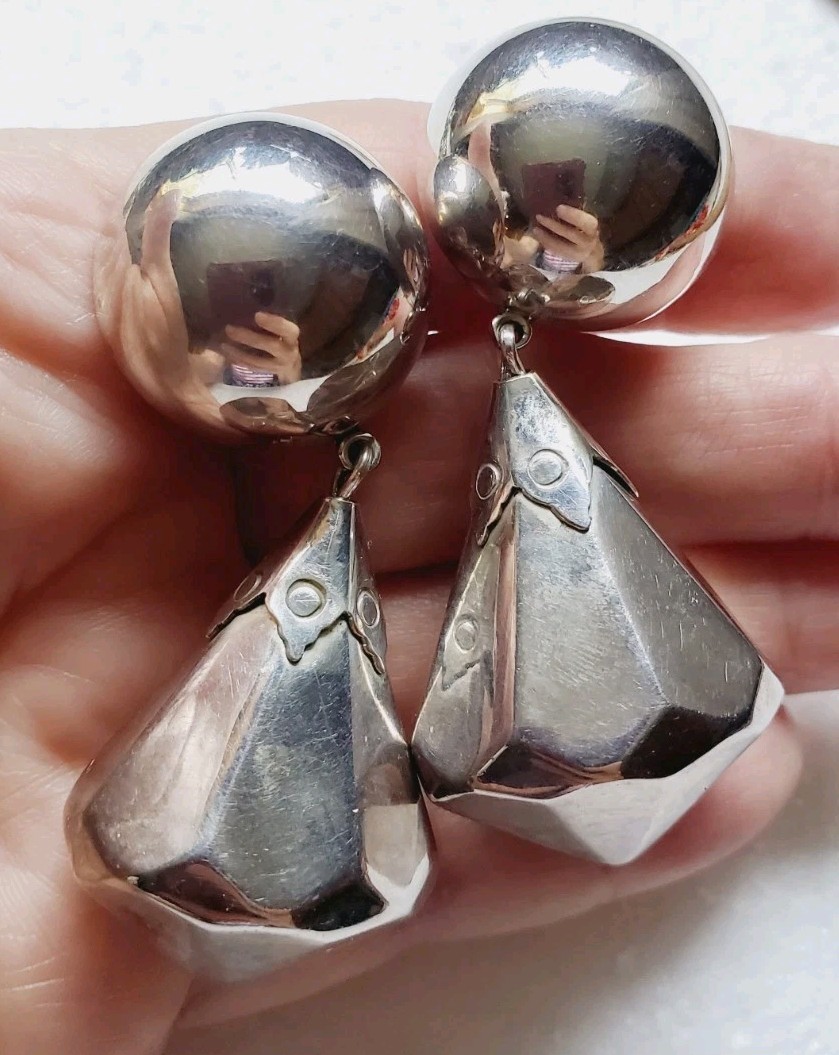 BRENDA SCHOENFELD 1990 Sterling Silver Clip-On HUGE Dangle Earrings
