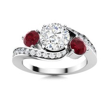 925 Sterling Silver 5MM Round White Topaz  Ruby Three Stone Women Wedding Ring