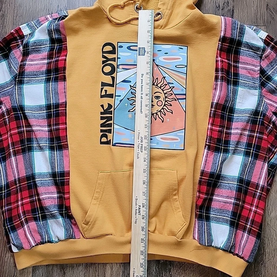 Upcycled Womens reworked Sweatshirt Flannel shirt Hoodie Pink Floyd Dark Side  - Image 4 of 4