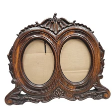 Antique 70s Ornate Double Oval Picture Frame MCM Real Wood Carved Tabletop Heavy