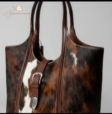 Handmade Cowhide Leather Tote Bag Western Style Hair On Hide Shoulder Purse
