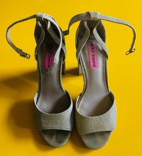 Betsey Johnson Glitter Block Heel Sandals Silver Ankle Strap Women Measures 9"