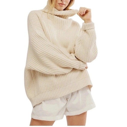 Free People Swim Too Deep Turtleneck Sweater Women M Cream Coastal Grandma Hygge
