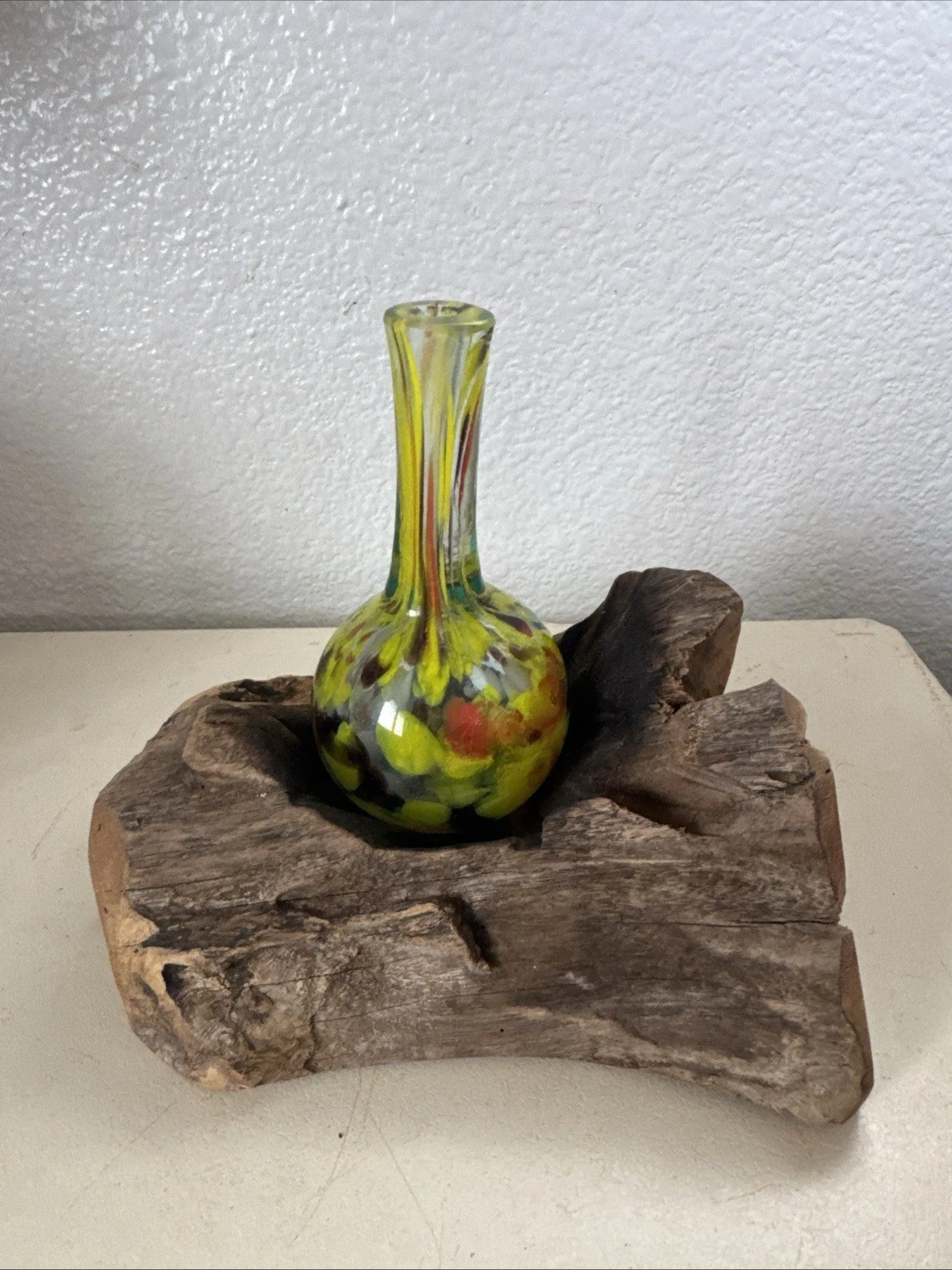 Hand Blown Art Glass Bottle Vase w/ Carved Wood Stand Bali Boho Rustic Decor