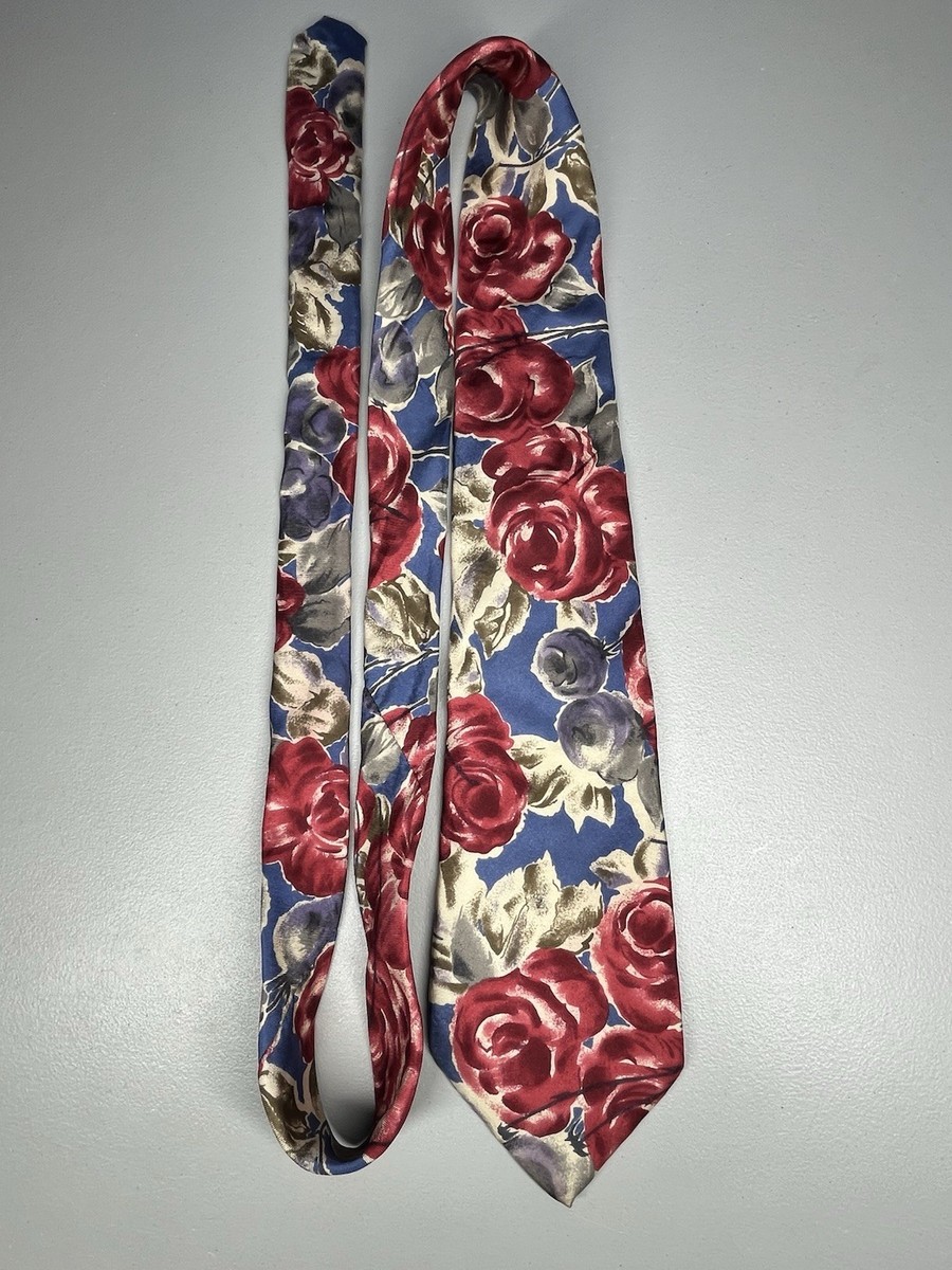 Vintage Geoffrey Beene Silk Tie Red Roses Floral Mens Necktie Made