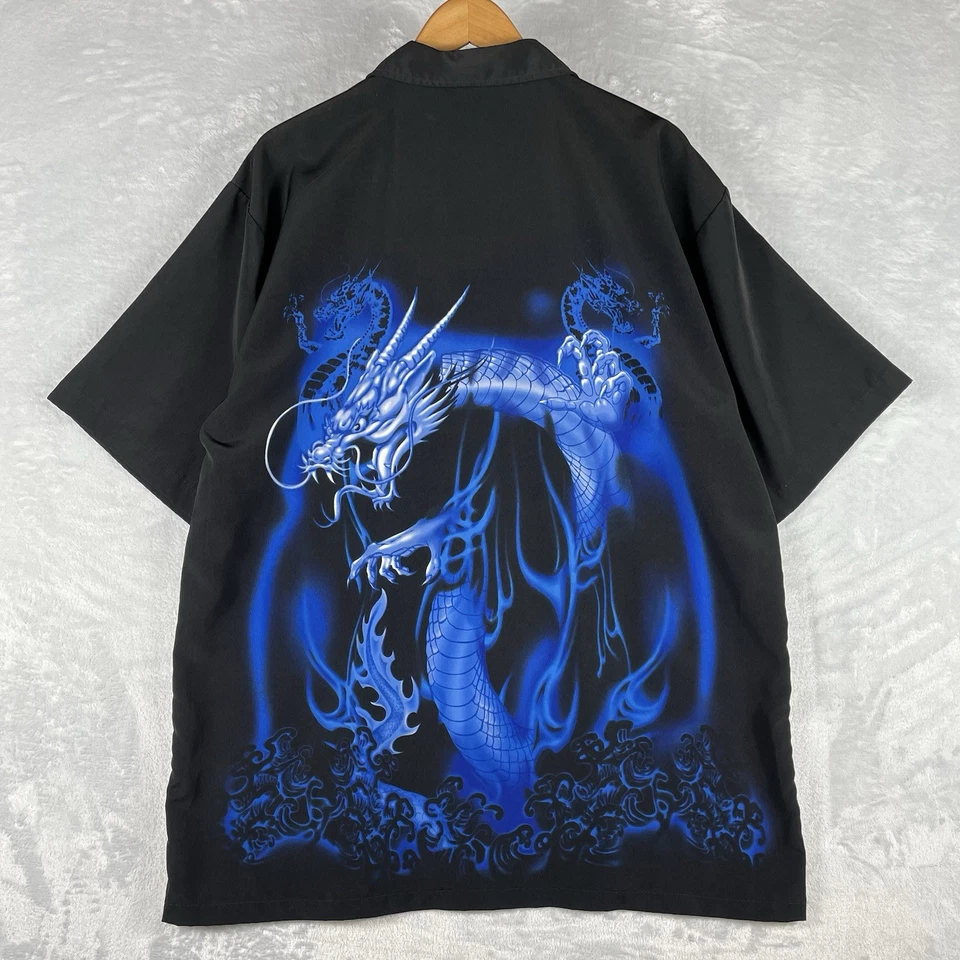 Vintage Y2k ODO Mens XL Blue Flame Dragon Button Up Casual Shirt Extra Large - Image 2 of 4