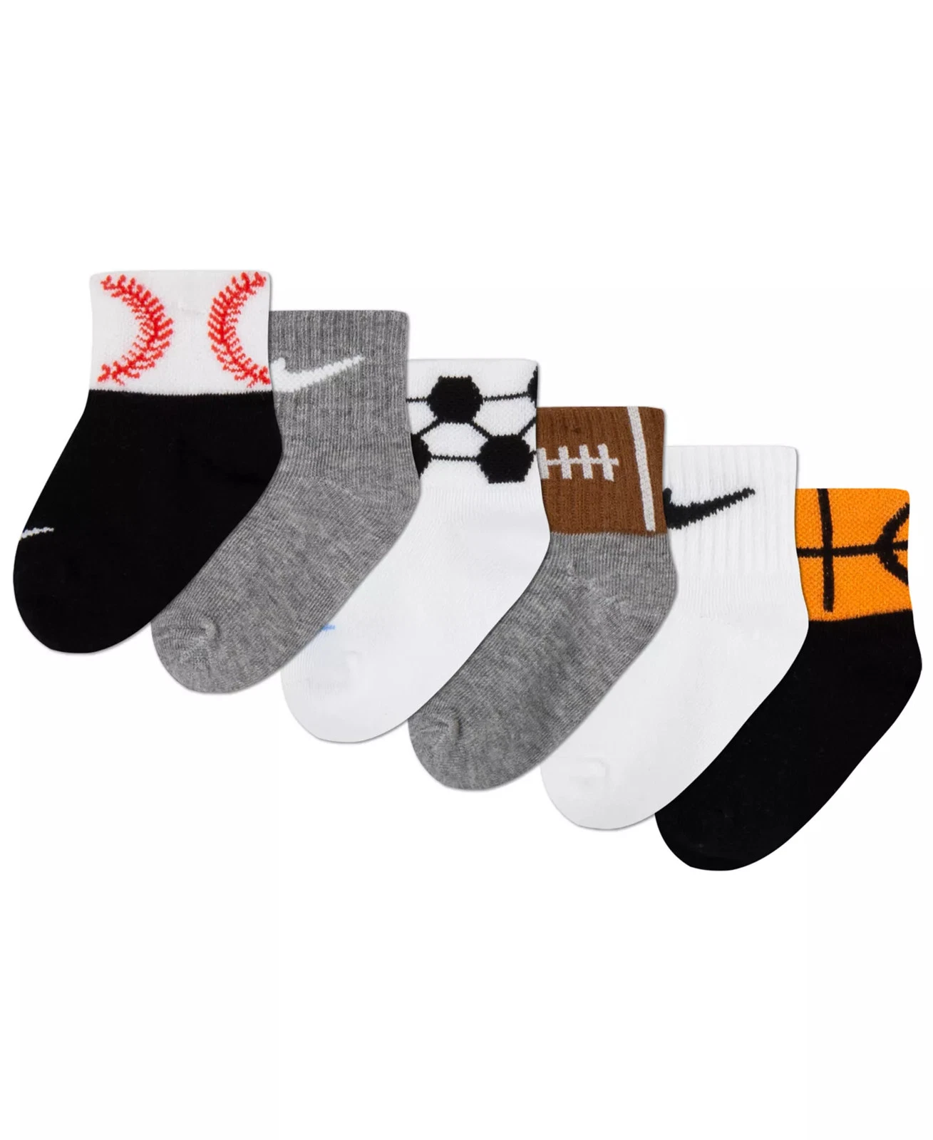 NIKE Sports Ball Themed Ankle Socks 6-Pairs Baseball Football Newborn 6-12 Month