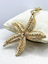 Crystal Rhinestone Textured Starfish Pendant Gold Tone Chain Necklace 34 In