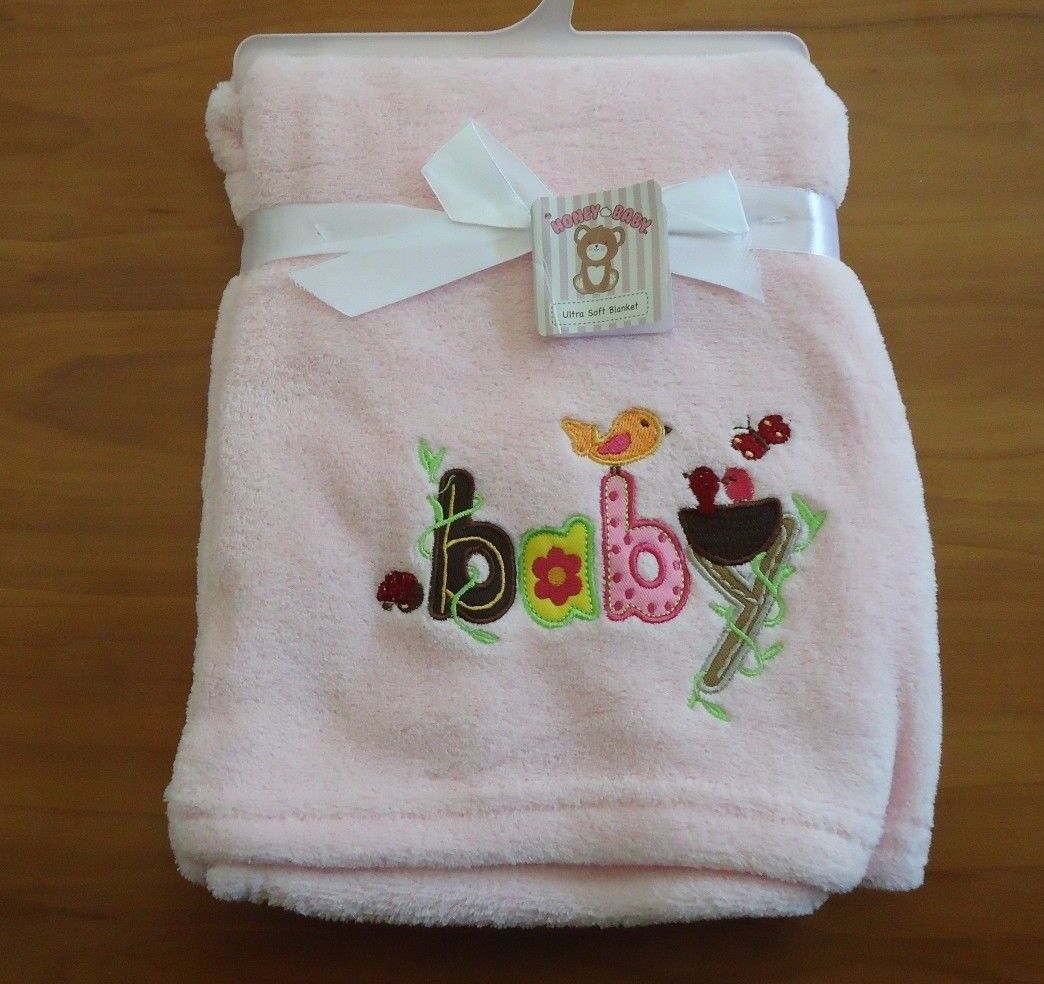30'' BY 30'' LIGHT PINK HONEY BABY BLANKET W/ BIRDS & BUTTERFLY / EXTREMELY SOFT