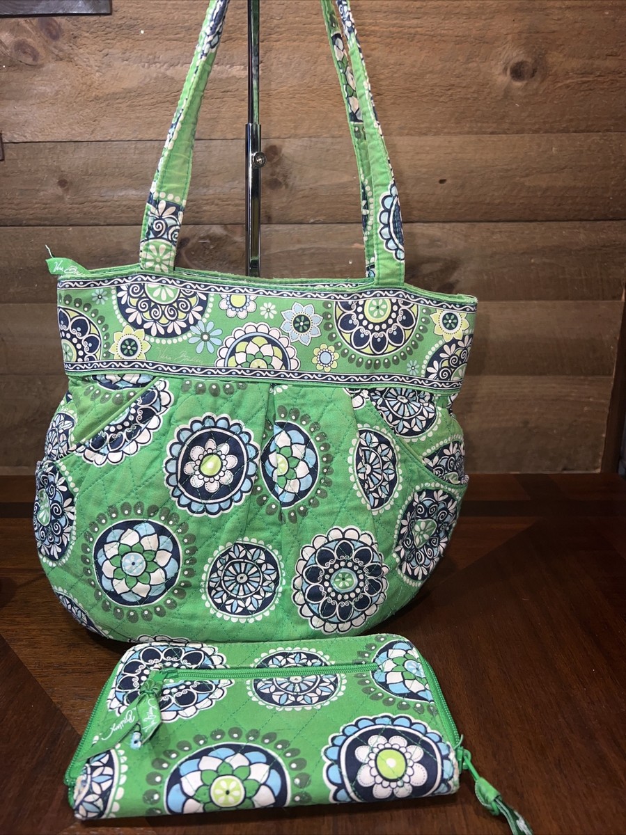 VERA BRADLEY Retired Green Print Shoulder/Hand Bag W/Wallet