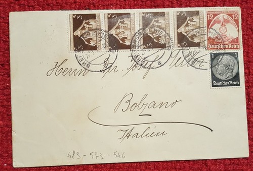 5555-GERMANY, ENVELOPE FROM BREITBRUNN FOR BOLZANO, STRIP 4 VALUES FROM 3+12+1,1936