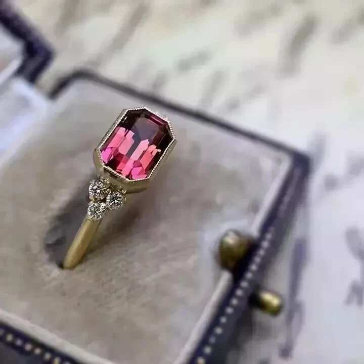Art Deco Style Lab-Created Diamond Pink Tourmaline Ring 14K Yellow Gold FN - Image 2 of 4