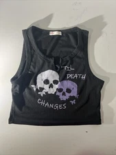 Black Crop Top T Shirt w Skulls .. Till Death Changes .. Trendy Cool .. Small