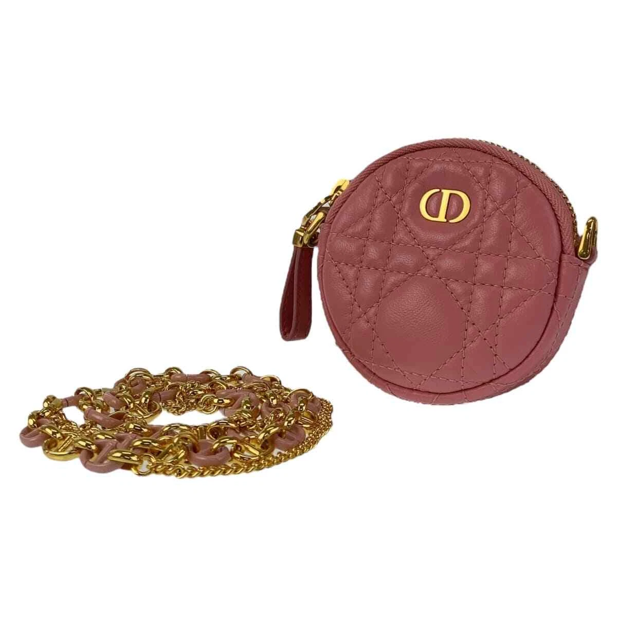 Sac bandoulière Dior Cannage Caro pochette rose or quincaillerie cuir